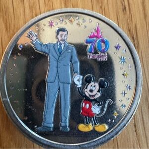 DISNEYLAND 70TH ANNIVERSARY SILVER TONE WALT MICKEY MOUSE COLOR  MEDALLION COIN